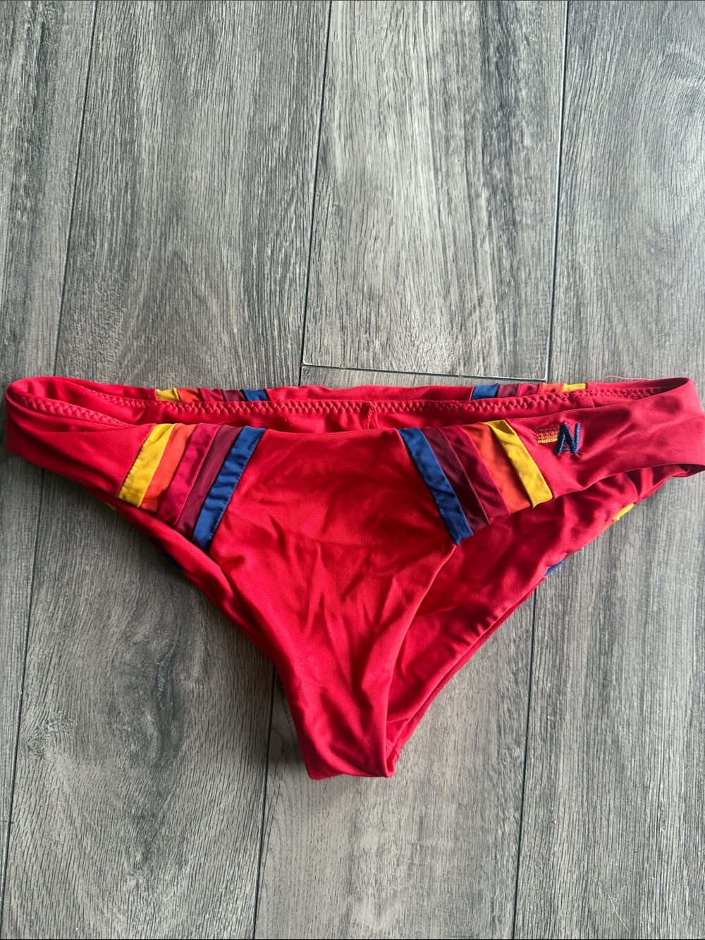 Aviator Nation Red Bikini Bottom with Blue & Yellow Stripe Accents